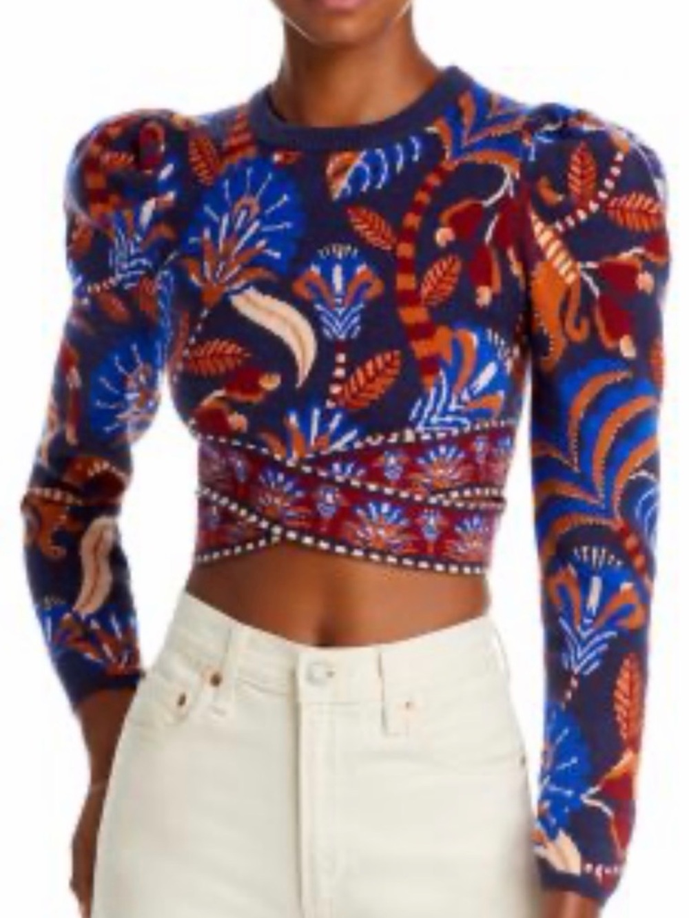 Farm Rio Blue Nature Beauty Scarf Knit Long Sleeve Crop Top - Medium